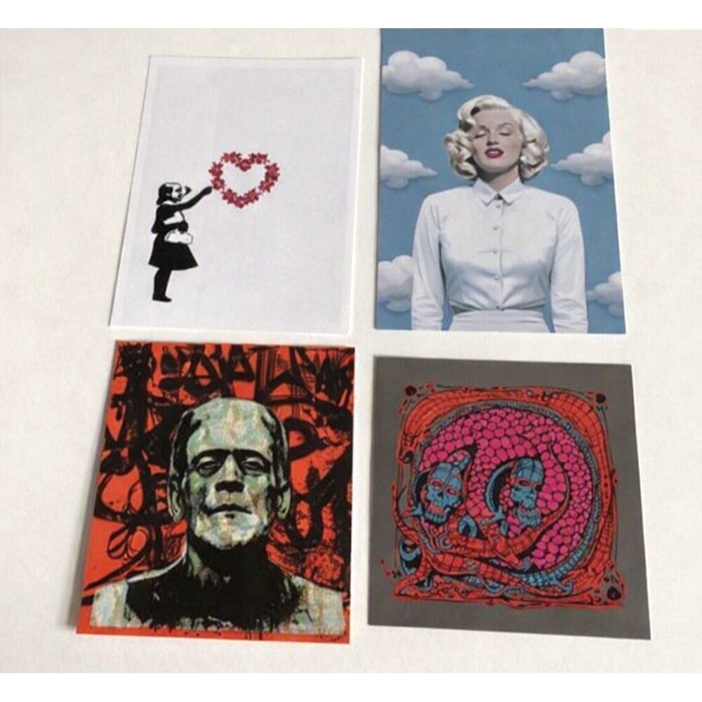 Lot of 4 Artistic Stickers Street-Style Art Graphic Cat, Child w/Heart, & More